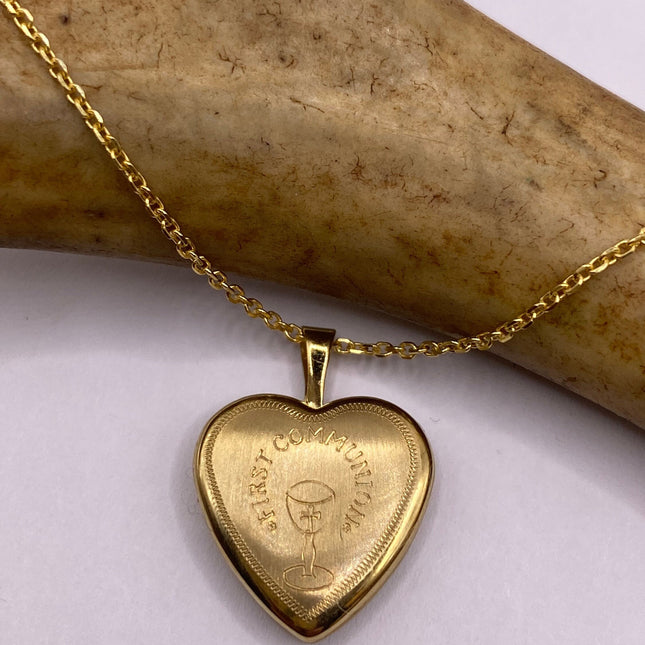 Vintage Gold Locket | Tiny 9k Gold Filled Heart Pendant Photo Charm Engraved "FIRST COMMUNION" Chalice | Gold 925 Sterling Silver Necklace