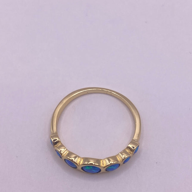 Vintage Gold Ring | Tiny Fire Blue Opal Gemstone Stacking Promise | Golden 925 Sterling Silver Minimalist Jewelry Prom Wedding Everyday Ring