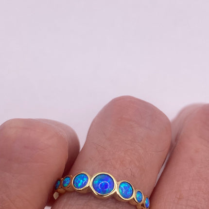 Vintage Gold Ring | Tiny Fire Blue Opal Gemstone Stacking Promise | Golden 925 Sterling Silver Minimalist Jewelry Prom Wedding Everyday Ring