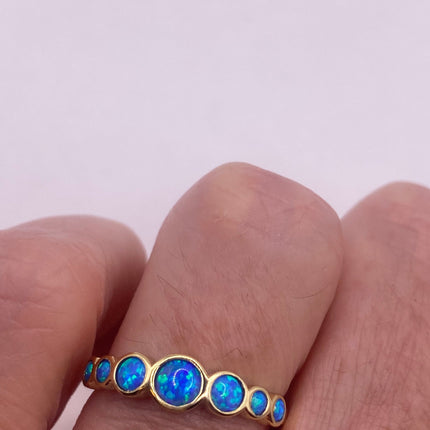 Vintage Gold Ring | Tiny Fire Blue Opal Gemstone Stacking Promise | Golden 925 Sterling Silver Minimalist Jewelry Prom Wedding Everyday Ring