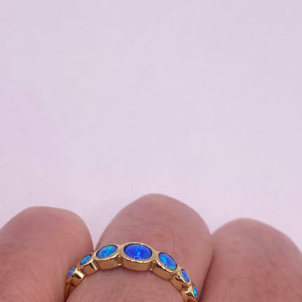 Vintage Gold Ring | Tiny Fire Blue Opal Gemstone Stacking Promise | Golden 925 Sterling Silver Minimalist Jewelry Prom Wedding Everyday Ring