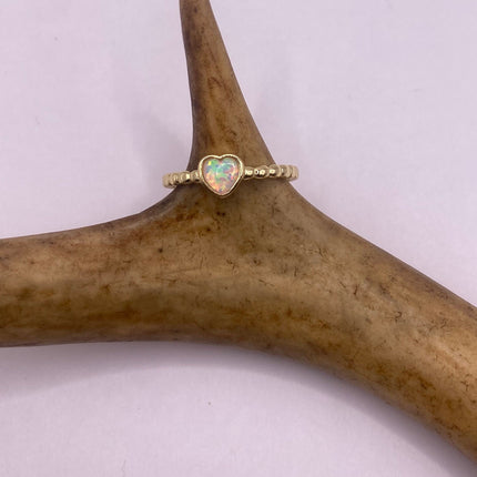 Tiny Gold Ring | Mini White Fire Opal Gemstone Heart Stacking Promise | Golden 925 Sterling Silver Band Minimalist Prom Wedding Everyday
