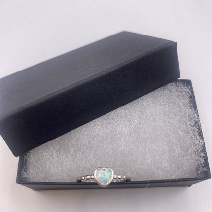Vintage Fire Opal Ring Tiny Heart Stacking Promise Ring - 925 Sterling Silver Band Minimalist Jewelry for Prom Wedding or Everyday Ring