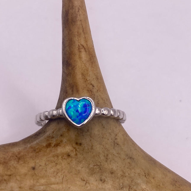 Vintage Tiny Gemstone Ring | Blue Fire Opal Heart Stacking Promise Ring - 925 Sterling Silver Band Jewelry for Prom Wedding or Everyday Ring