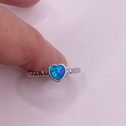 Vintage Tiny Gemstone Ring | Blue Fire Opal Heart Stacking Promise Ring - 925 Sterling Silver Band Jewelry for Prom Wedding or Everyday Ring