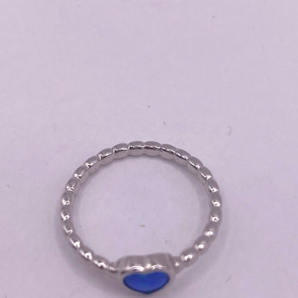 Vintage Tiny Gemstone Ring | Blue Fire Opal Heart Stacking Promise Ring - 925 Sterling Silver Band Jewelry for Prom Wedding or Everyday Ring