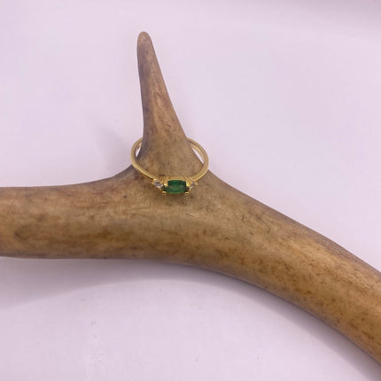 Vintage Gold Ring | Tiny Emerald Green Clear Crystal Diamond Dainty Band | Golden 925 Sterling Silver | Stacking Everyday Minimalist Ring
