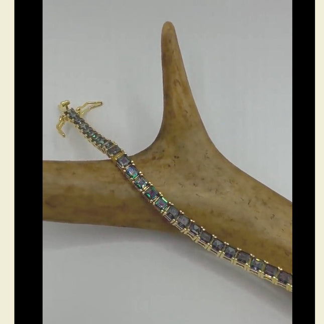 Vintage Gold Tennis Bracelet | Mystic Blue Topaz Gemstone Dainty Box Chain | Golden 925 Sterling Silver Everyday Wedding | Something Blue