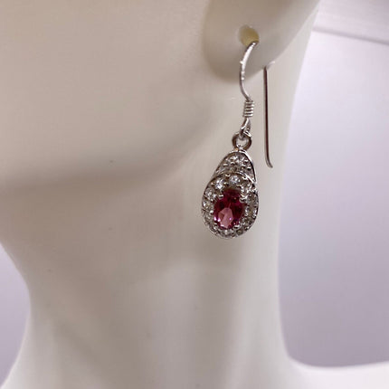 Vintage Silver Earrings | Pink Tourmaline White Sapphire Deco Gemstone Dangle Drop | 925 Sterling Silver Earrings