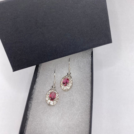 Vintage Silver Earrings | Pink Tourmaline White Sapphire Deco Gemstone Dangle Drop | 925 Sterling Silver Earrings