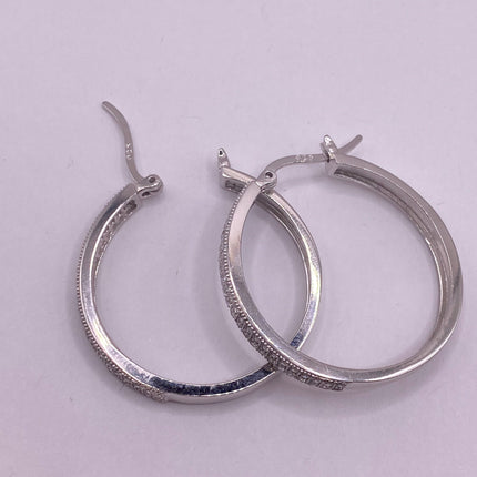 Vintage Silver Earrings | White Sapphire Tiny Hoop Loop Earrings | 925 Sterling Silver