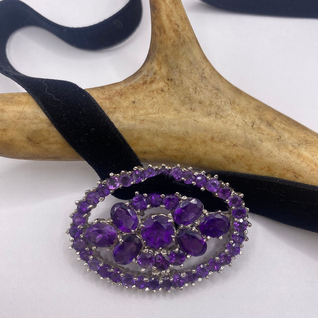 Vintage Brooch Pin | Deco Purple Amethyst | 925 Sterling Silver Pin Brooch Choker Necklace