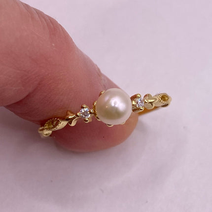 Vintage Tiny White Pearl Stacking Promise Ring - 925 Sterling Silver Gold Band Minimalist Jewelry for Prom Wedding or Everyday Ring