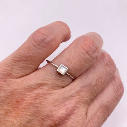 Vintage Tiny Mother of White Pearl Stacking Promise Ring - 925 Sterling Silver Band Minimalist Jewelry for Prom Wedding or Everyday Ring