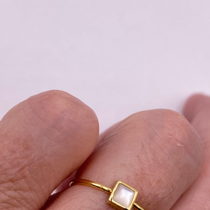 Vintage Tiny Mother of White Pearl Stacking Promise Ring - 925 Sterling Silver Gold Band Minimalist Jewelry for Prom Wedding or Everyday