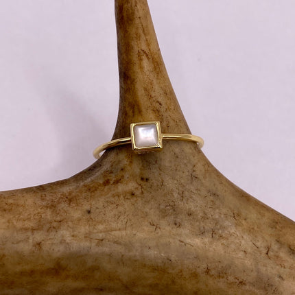 Vintage Tiny Mother of White Pearl Stacking Promise Ring - 925 Sterling Silver Gold Band Minimalist Jewelry for Prom Wedding or Everyday