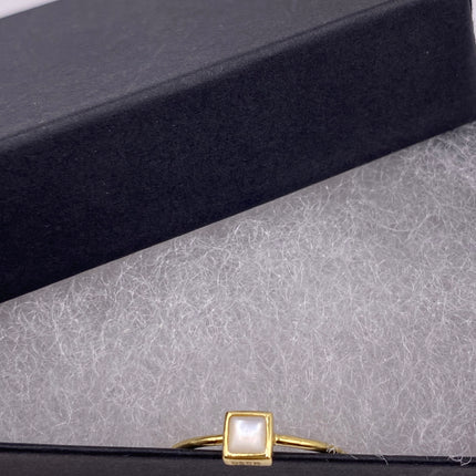 Vintage Tiny Mother of White Pearl Stacking Promise Ring - 925 Sterling Silver Gold Band Minimalist Jewelry for Prom Wedding or Everyday