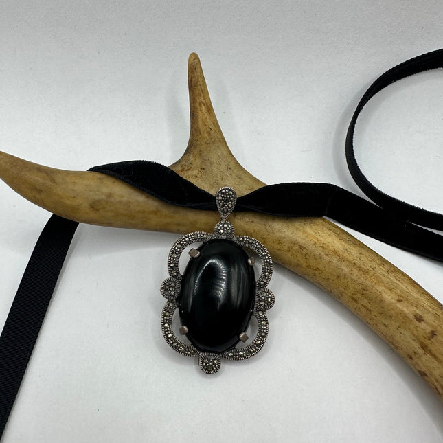 Vintage Gemstone Pendant Ribbon Choker Necklace | 925 Sterling Silver Black Onyx Marcasite Crystal Birthstone Necklace