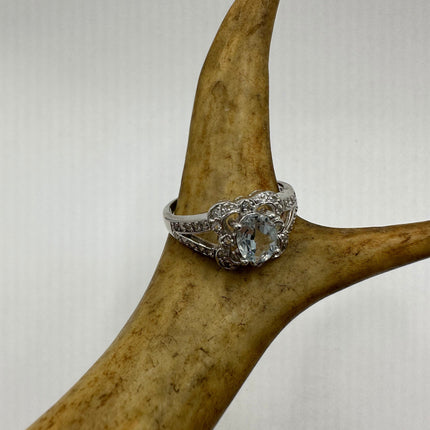 Vintage Silver Ring | Blue Aquamarine White Sapphire Gemstone Statement Ring | 925 Sterling Silver Band