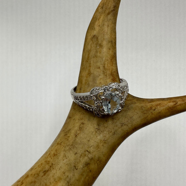 Vintage Silver Ring | Blue Aquamarine White Sapphire Gemstone Statement Ring | 925 Sterling Silver Band
