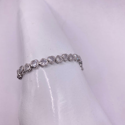 Vintage Heart Silver Tennis Bracelet | CZ Crystal Diamond Gemstone Golden 925 Sterling Silver Bracelet | Elegant Everyday Wedding or Prom