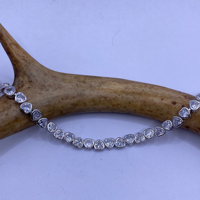 Vintage Heart Silver Tennis Bracelet | CZ Crystal Diamond Gemstone Golden 925 Sterling Silver Bracelet | Elegant Everyday Wedding or Prom