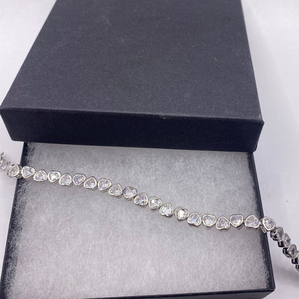 Vintage Heart Silver Tennis Bracelet | CZ Crystal Diamond Gemstone Golden 925 Sterling Silver Bracelet | Elegant Everyday Wedding or Prom
