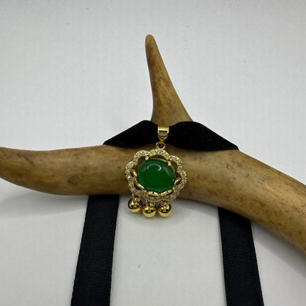 Vintage Gemstone Pendant | Green Jade Gemstone Deco Charm Pendant | Golden Bronze Velvet Choker Necklace