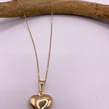Vintage Gold Pendant Necklace | 9K GF Tiny Puffed Heart Love Lucky Memory Charm Delicate Gold Chain | Everyday Stacking Wedding Prom Jewelry