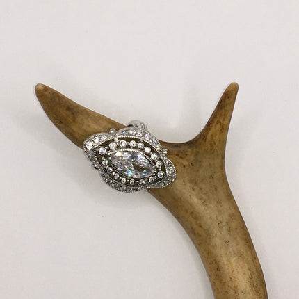 Shimmering diamond cubic zirconia crystal large oval shape vintage silver ring