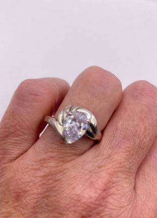 Vintage Silver Ring | Cubic Zirconia Clear Crystal Diamond Boho Cocktail | 925 Sterling Silver Antique Pave Set Wedding Band Engagement Ring