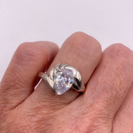 Vintage Silver Ring | Cubic Zirconia Clear Crystal Diamond Boho Cocktail | 925 Sterling Silver Antique Pave Set Wedding Band Engagement Ring