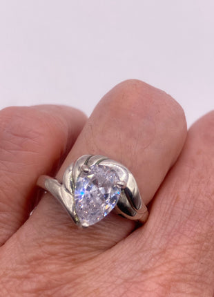 Vintage Silver Ring | Cubic Zirconia Clear Crystal Diamond Boho Cocktail | 925 Sterling Silver Antique Pave Set Wedding Band Engagement Ring