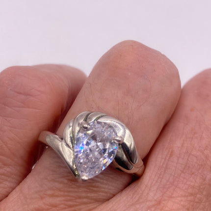 Vintage Silver Ring | Cubic Zirconia Clear Crystal Diamond Boho Cocktail | 925 Sterling Silver Antique Pave Set Wedding Band Engagement Ring