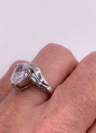 Vintage Silver Ring | Cubic Zirconia Clear Crystal Diamond Boho Cocktail | 925 Sterling Silver Antique Pave Set Wedding Band Engagement Ring