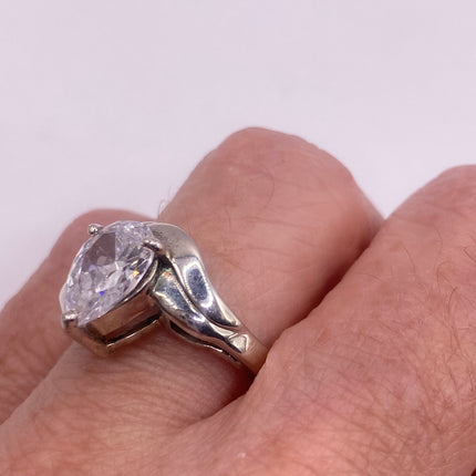 Vintage Silver Ring | Cubic Zirconia Clear Crystal Diamond Boho Cocktail | 925 Sterling Silver Antique Pave Set Wedding Band Engagement Ring