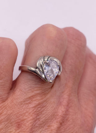 Vintage Silver Ring | Cubic Zirconia Clear Crystal Diamond Boho Cocktail | 925 Sterling Silver Antique Pave Set Wedding Band Engagement Ring
