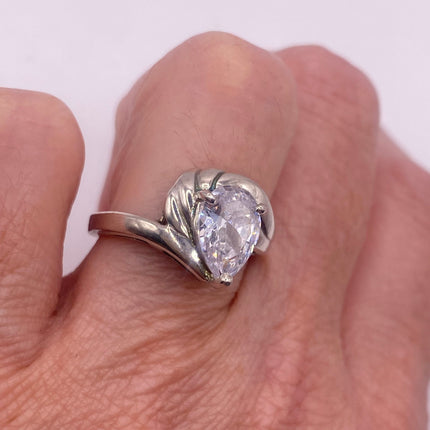Vintage Silver Ring | Cubic Zirconia Clear Crystal Diamond Boho Cocktail | 925 Sterling Silver Antique Pave Set Wedding Band Engagement Ring