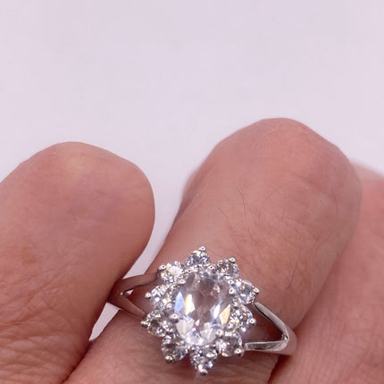 Vintage Silver Ring | Crystal Diamond Boho Cocktail | 925 Sterling Silver Antique Pave Set Wedding Band Engagement Ring