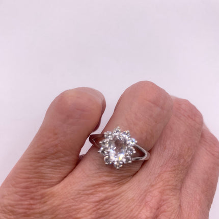 Vintage Silver Ring | Crystal Diamond Boho Cocktail | 925 Sterling Silver Antique Pave Set Wedding Band Engagement Ring