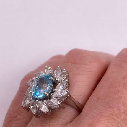 Vintage Silver Ring | Blue Topaz Crystal Diamond Boho Cocktail | 925 Sterling Silver Something Blue Wedding Band Engagement Ring