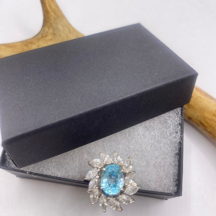 Vintage Silver Ring | Blue Topaz Crystal Diamond Boho Cocktail | 925 Sterling Silver Something Blue Wedding Band Engagement Ring