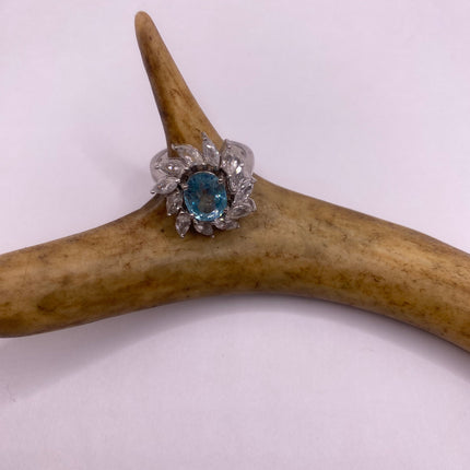 Vintage Silver Ring | Blue Topaz Crystal Diamond Boho Cocktail | 925 Sterling Silver Something Blue Wedding Band Engagement Ring