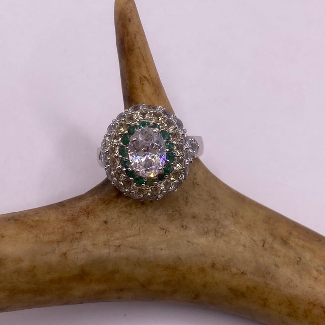 Vintage Silver Ring | Crystal Diamond Boho Cocktail | 925 Sterling Silver Something Blue Wedding Band Engagement Ring