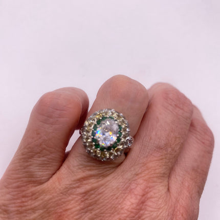 Vintage Silver Ring | Crystal Diamond Boho Cocktail | 925 Sterling Silver Something Blue Wedding Band Engagement Ring
