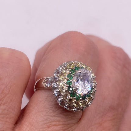 Vintage Silver Ring | Crystal Diamond Boho Cocktail | 925 Sterling Silver Something Blue Wedding Band Engagement Ring