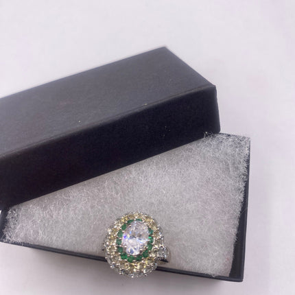 Vintage Silver Ring | Crystal Diamond Boho Cocktail | 925 Sterling Silver Something Blue Wedding Band Engagement Ring