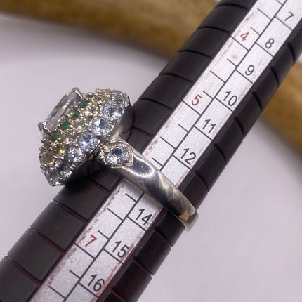 Vintage Silver Ring | Crystal Diamond Boho Cocktail | 925 Sterling Silver Something Blue Wedding Band Engagement Ring