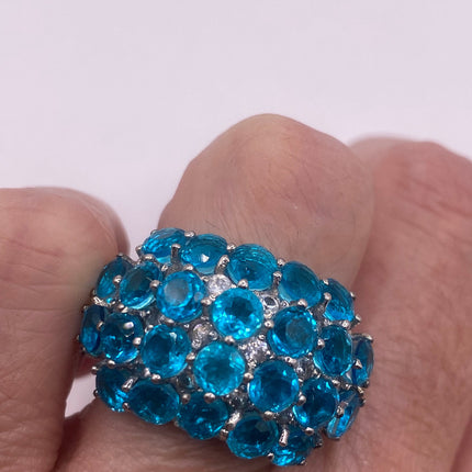Vintage Silver Ring | Blue Fluorite Crystal Diamond Boho Cocktail | 925 Sterling Silver Something Blue Wedding Band Engagement Ring