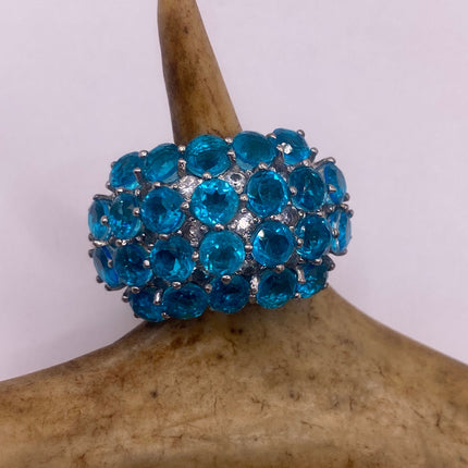 Vintage Silver Ring | Blue Fluorite Crystal Diamond Boho Cocktail | 925 Sterling Silver Something Blue Wedding Band Engagement Ring